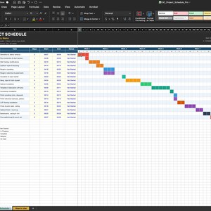 May include: A screenshot of a project schedule in a spreadsheet program. The schedule includes phases, tasks, start and end dates, and status indicators. The top of the spreadsheet displays the title "PROJECT SCHEDULE" and the company name.