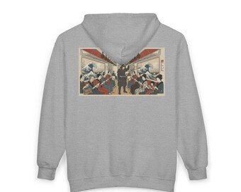 Ukiyo-e Wave Train Hoodie | Japanese Art Mashup Commuter Sweatshirt