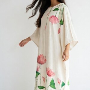 Kaftán de algodón pintado a mano, caftán para futuras mamás, pareo de playa con estampado floral de loto, pijama, vestido largo, pareo de bikini.