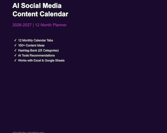 Calendrier de contenu des réseaux sociaux d'IA | Agenda 12 mois, plus de 100 idées (téléchargement numérique)