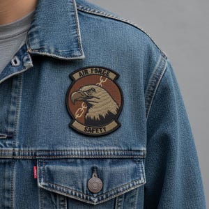 May include: A denim jacket with a patch featuring an eagle design. The patch has the words "AIR FORCE" and "SAFETY". The jacket has a button-down front and two chest pockets.