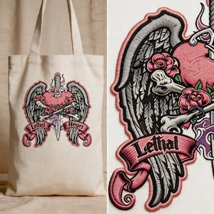 May include: A beige tote bag featuring an embroidered design. The design includes a pink heart, wings, roses, and a sword. The words "Lethal" and "Angel" are displayed on banners. The embroidery is detailed with black, gray, and pink threads.