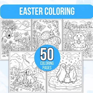 Può includere: Una raccolta di 50 pagine da colorare in bianco e nero con temi pasquali. I fogli mostrano illustrazioni di un'ape con alveare, una coccinella su una foglia, un criceto, un gatto e un cane a un picnic e pinguini. Il testo recita EASTER COLORING.