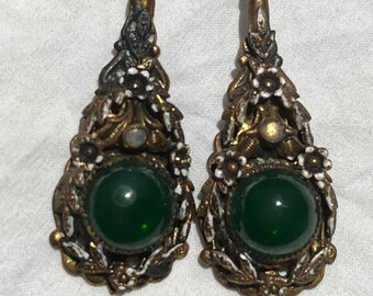 VINTAGE GREEN BRASS Earrings,vintage floral earrings,long vintage earrings,vintage art nouveau earrings,vintage brass green gem earrings