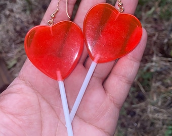 BIG HEART LOLLIPOP Earrings,big heart drop earrings,red heart lollipop earrings,valentines day earrings,heart dangle earrings,big heart
