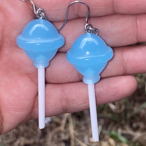 BLUE LOLLIPOP EARRINGS,circle lollipop earrings,candy lollipop earrings,lollipop candy jewelry,lollipop drop earrings,fun lollipop earrings