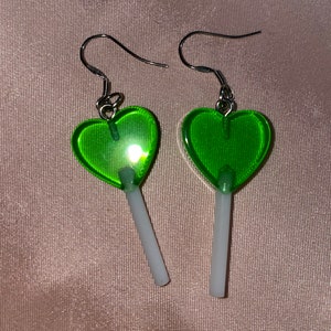 GREEN HEART LOLLIPOP Earrings,heart lollipop earrings drop,heart lollipop earrings dangle,valentines earrings,heart lollipop earrings long
