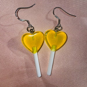YELLOW HEART LOLLIPOP Earrings,heart lollipop earrings drop,heart lollipop earrings dangle,valentines earrings,heart lollipop earrings long