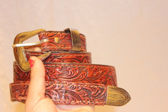 VINTAGE TOOLED LEATHER Belt,vintage tooled leathe… - image 1