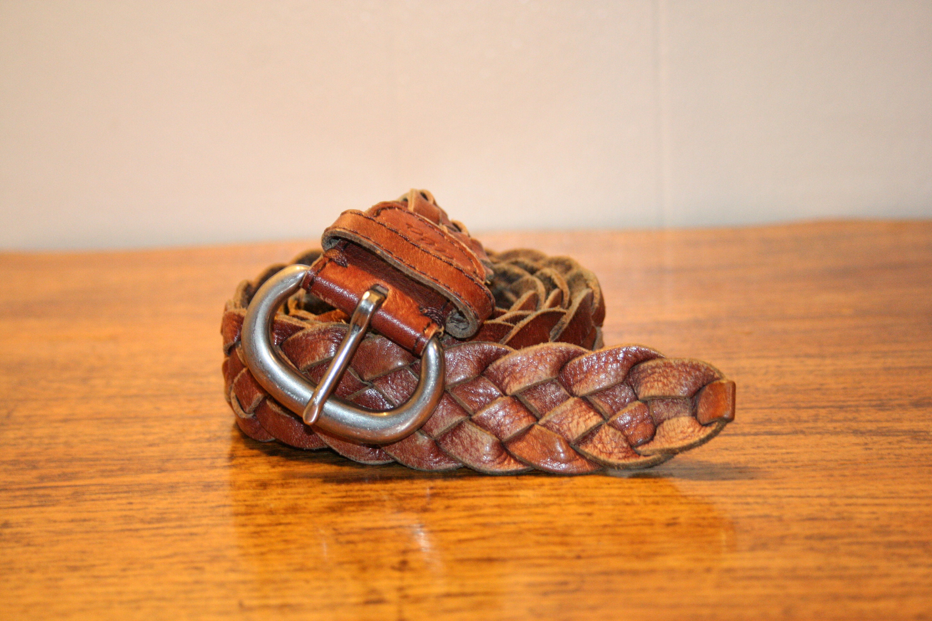VINTAGE BRAIDED LEATHER Belt,vintage Brass Buckle Belt  display picture 3
