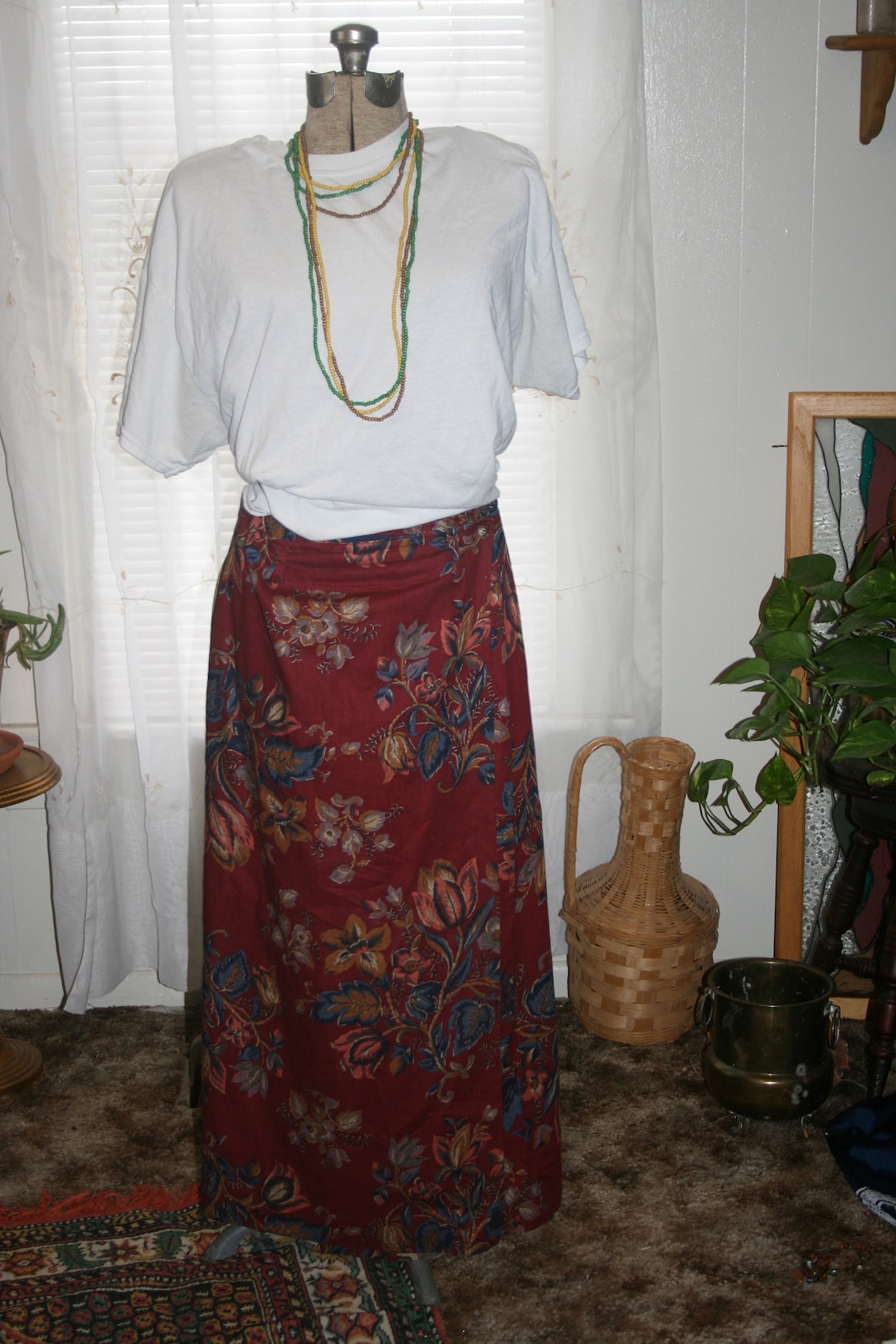 Vintage Slinky Red Floral Midi Skirt (s/m) main image 0
