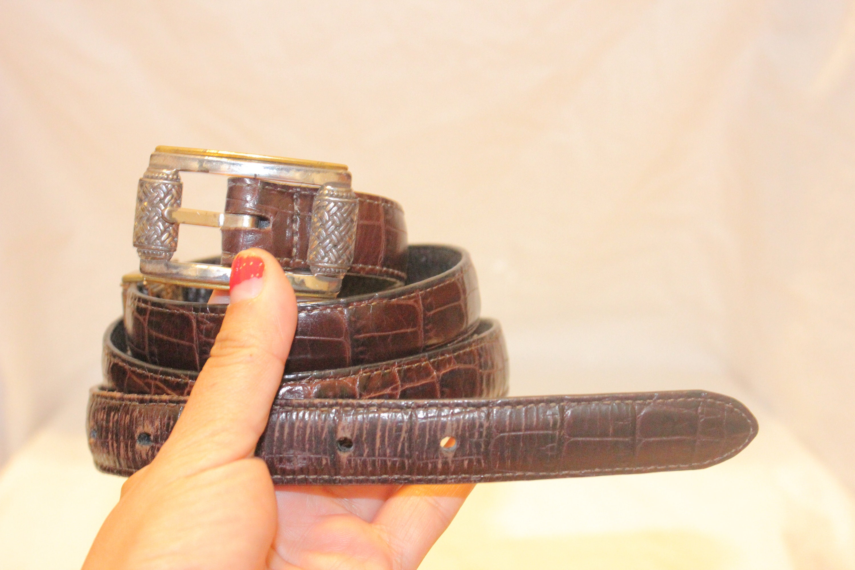 Vintage Reversible Leather Belt! Gorgeous! Wide Leather Belt with Gold Buckle | Pecan | BRAHMIN main image 3