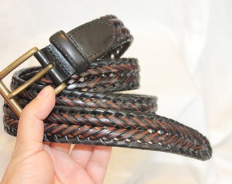 VINTAGE BRAIDED LEATHER Belt,black brown leather belt,braided leather belt womens,vintage braided buckle leather belt,vintage western belt