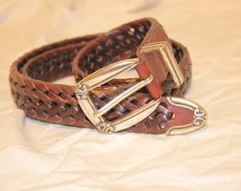 VGT FOSSIL LEATHER Belt,vintage small buckle belt,vintage small braided leather belt,belt,vintage fossil leather belt,fossil leather belt