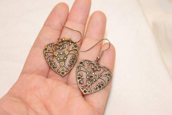 VINTAGE HEART DANGLE Earrings,vintage long heart … - image 2