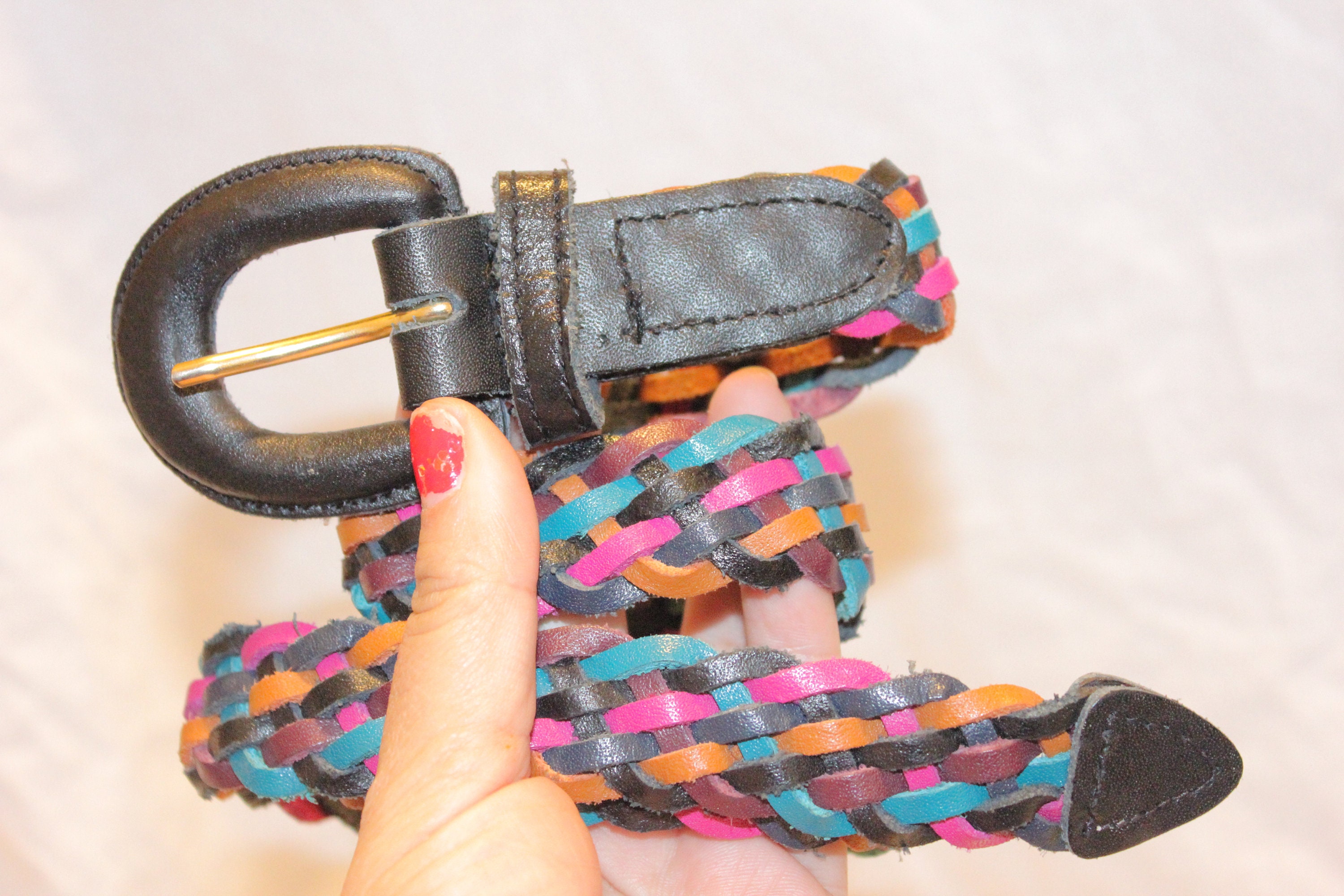 VINTAGE MULTICOLOR BRAIDED Leather Belt,colorful Leather  display picture 2