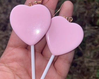 BIG HEART LOLLIPOP Earrings,big heart drop earrings,pink heart lollipop earrings,valentines day earrings,heart dangle earrings,big heart