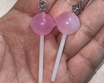 PINK LOLLIPOP EARRINGS,circle lollipop earrings,candy lollipop earrings,lollipop candy jewelry,lollipop drop earrings,fun lollipop earrings