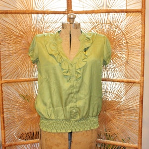GREEN RUFFLE BLOUSE,green v neck blouse,formal green blouse,olive green blouse,classy green blouse,green blouse women,vintage green blouse