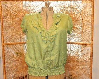 GREEN RUFFLE BLOUSE,green v neck blouse,formal green blouse,olive green blouse,classy green blouse,green blouse women,vintage green blouse