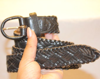 VINTAGE BRAIDED LEATHER Belt,vintage braided leather belt womens,vintage black leather belt,small black leather belt,small leather belt
