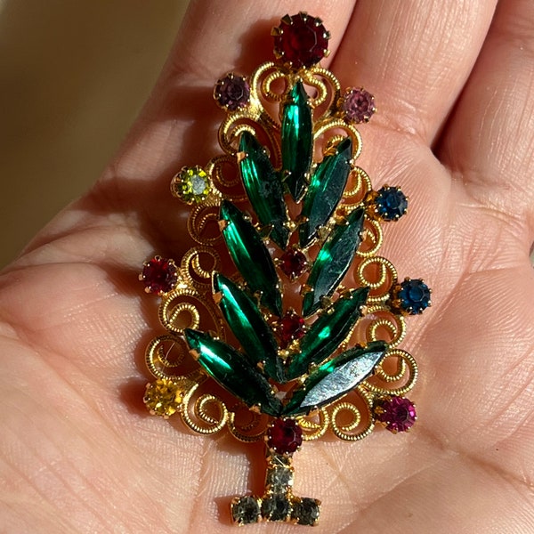 Broche del árbol de Navidad Hobe vintage, pin del árbol de navidad Hobe vintage, broche del árbol de navidad de Hobe, broche del árbol de navidad vintage Hobe rhinestone