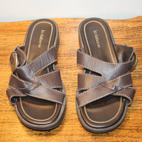 Size 6.5,VINTAGE LEATHER SANDALS,clogs size 6.5,vintage liz claiborne sandals,vintage boho sandals,vintage brown sandals,leather sandals 6.5