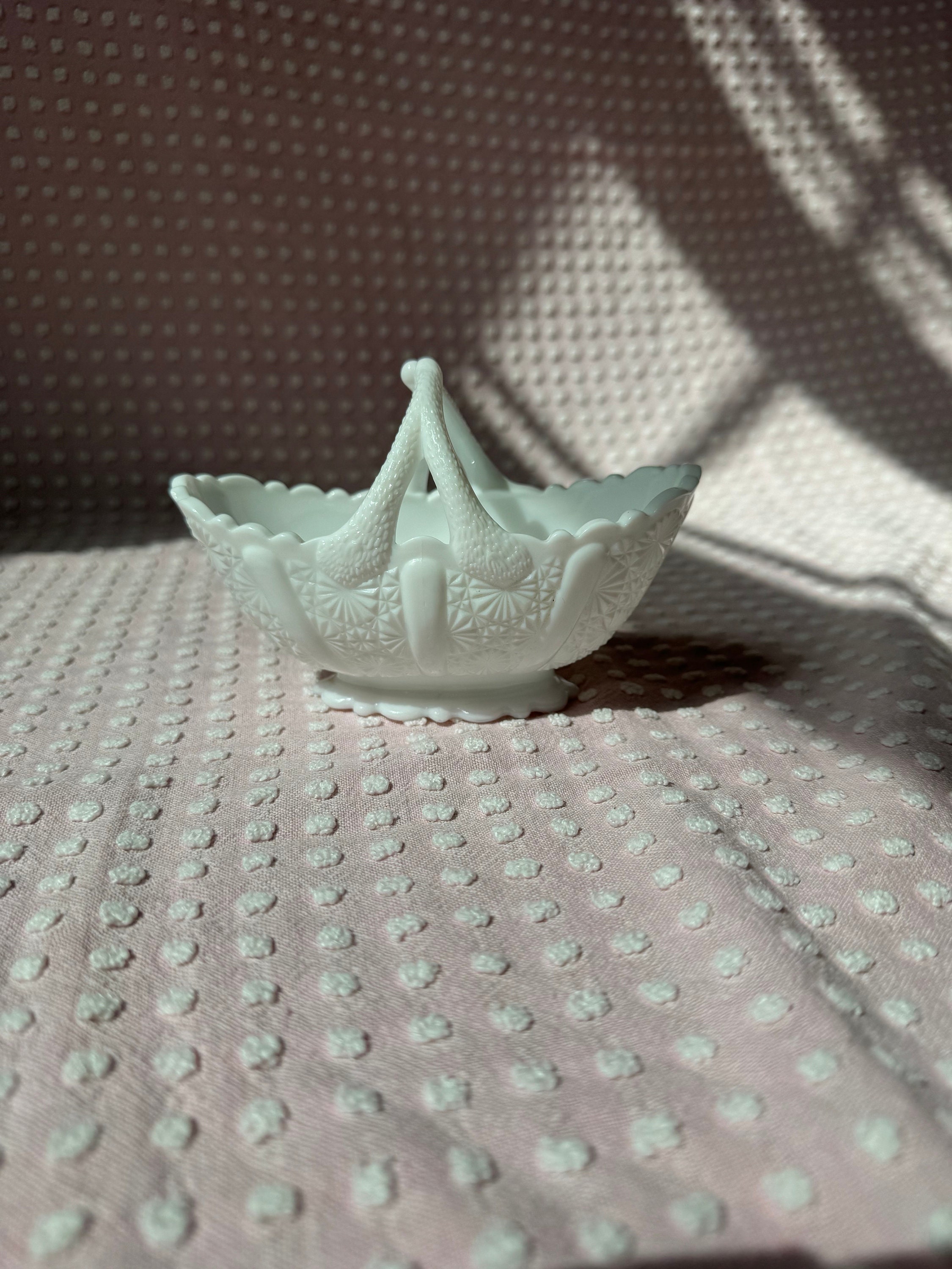 VGT FENTON Basket,daisy Button Basket Fenton Milk Glass