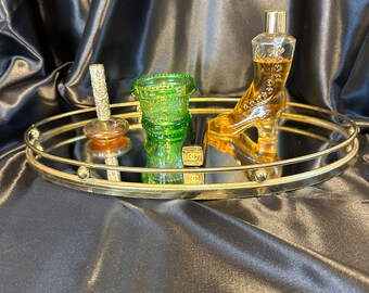 VINTAGE MIRROR VANITY Tray,vintage vanity mirror tray perfume,vintage gold mirrored vanity tray,oval mirror tray,vintage mirror plateau