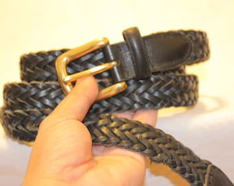 VINTAGE BRAIDED LEATHER Belt,vgt gold buckle belt,braided leather belt womens,vintage medium braided leather belt,leather braided black belt