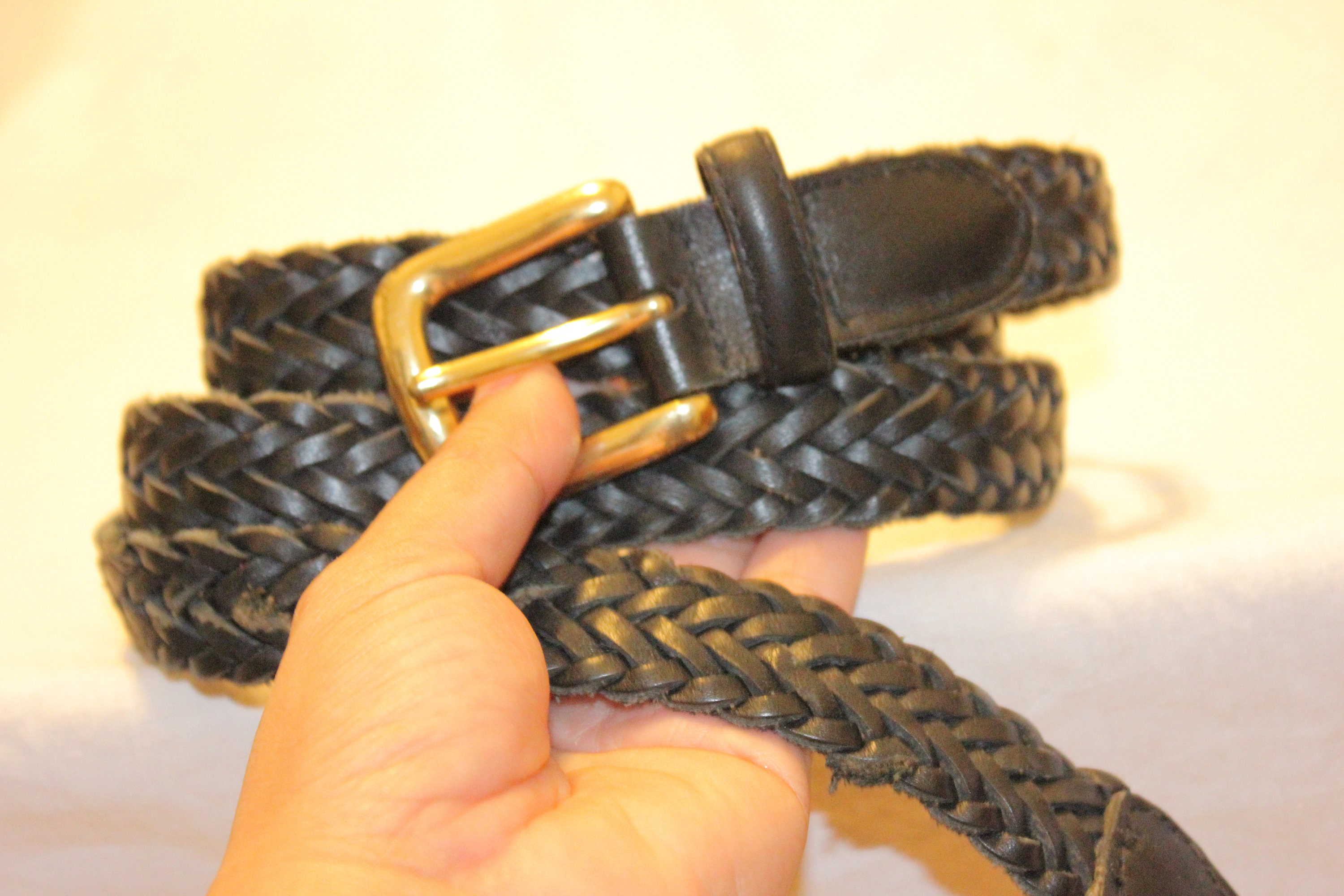 VTG 80s/90s Italian Leather Braided Belt Gold Tone Buckle S Vintage 80s 90s CHIC Black Genuine Split Braided Leather  main image 4