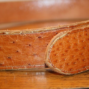 Op de afbeelding: Een close-up van een bruine leren riem met een struisvogelhuidpatroon. De riem is gestikt met lichtbruin garen en heeft een afgeronde rand.