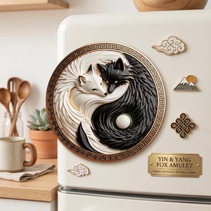 May include: A circular magnet featuring a white fox and a black fox intertwined in a yin and yang pattern, surrounded by a gold Greek key border. Additional small magnets include a cloud, a mountain, a knot, and a plaque reading YIN & YANG FOX AMULET.