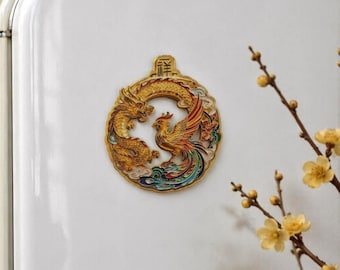 Enamel Dragon Phoenix Fridge Magnet, Chinese Lucky Metal Kitchen Decor Gift