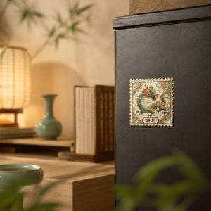 May include: A square refrigerator magnet featuring a scalloped edge and a detailed illustration of a green and gold dragon. The design includes intricate cloud patterns and the Chinese characters 辰龙 printed in a small white box at the bottom.