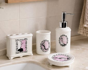 Vintage French Ceramic Bathroom Set, Romantic Vanity Decor, Cottagecore Accessories