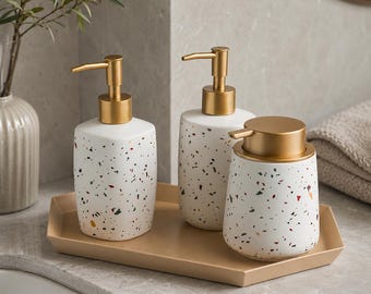 Terrazzo Ceramic Soap Dispenser, Modern Minimalist Vanity Decor, Gold Pump Accessory
