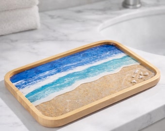 Coastal Ocean Resin Tray Bathroom Vanity Organizer Beach Decor Bamboo Tray