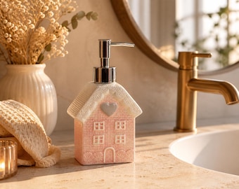 Ceramic House Soap Dispenser: Pink Cottagecore Bathroom Decor Vanity Pump Bottle