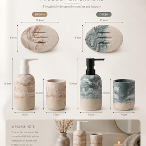Puede incluir: Juego de accesorios de ba&ntilde;o en resina con aspecto de piedra marr&oacute;n y verde. Incluye jaboneras (12,4 cm x 8,9 cm), dispensadores de loci&oacute;n (16,6 cm x 7,6 cm) y vasos (10,2 cm x 7,6 cm). Duradero y f&aacute;cil de limpiar.