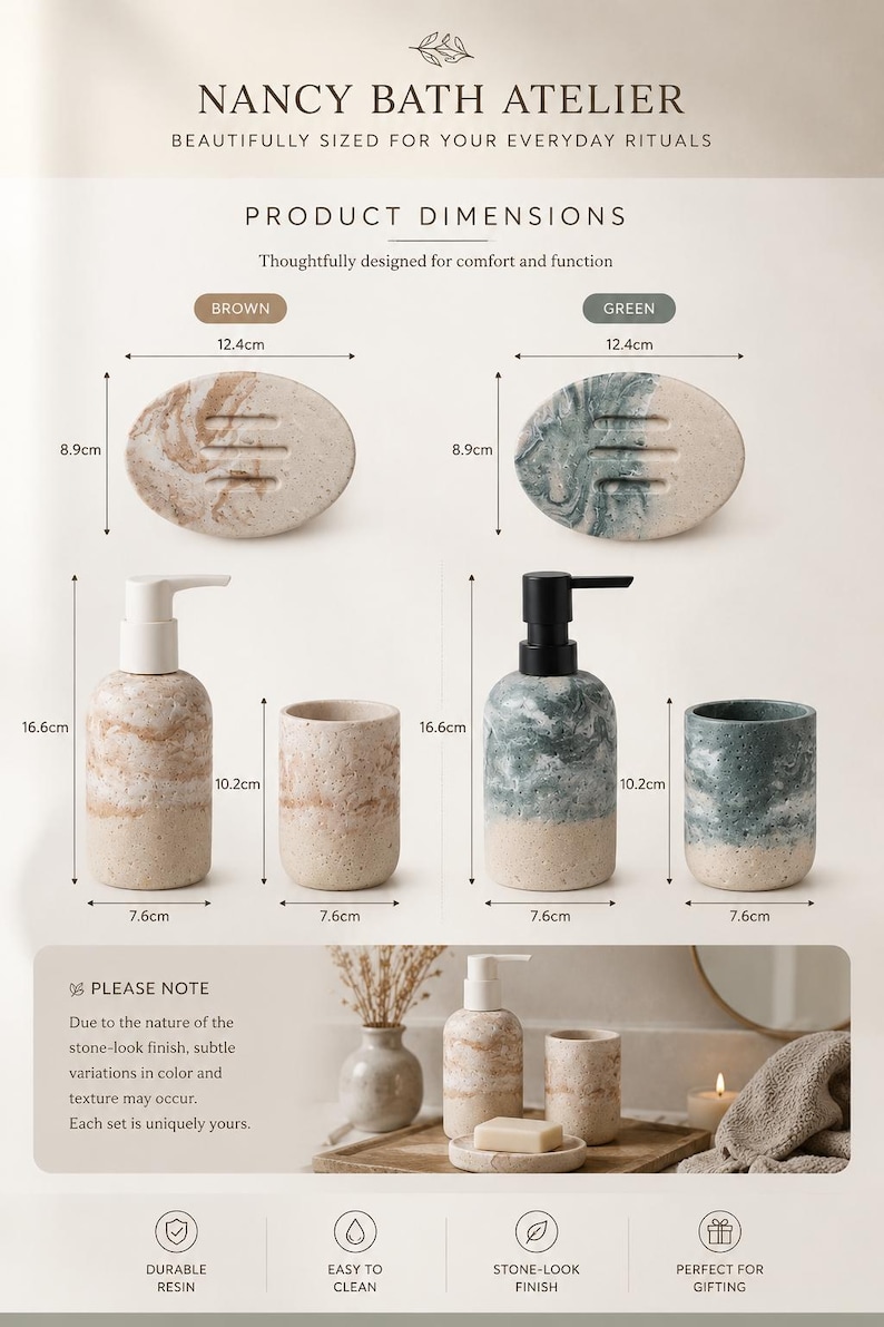 Puede incluir: Juego de accesorios de ba&ntilde;o en resina con aspecto de piedra marr&oacute;n y verde. Incluye jaboneras (12,4 cm x 8,9 cm), dispensadores de loci&oacute;n (16,6 cm x 7,6 cm) y vasos (10,2 cm x 7,6 cm). Duradero y f&aacute;cil de limpiar.