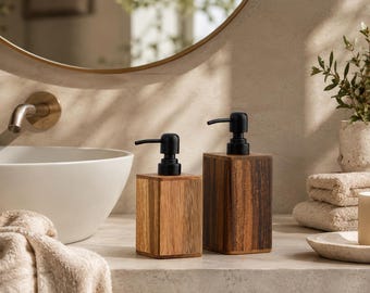 Handmade Walnut Wood Soap Dispenser, Japandi Bathroom Decor, Matte Black Pump