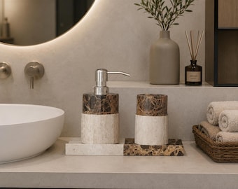 Two-Tone Natural Stone Bathroom Set, Marble Soap Dispenser, Toothbrush Holder, Tray
