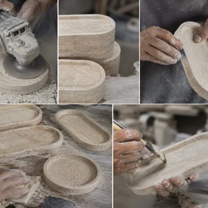 May include: A collection of beige, oval-shaped stone trays with a porous, natural texture. The images show the crafting process, including grinding, sanding, and brushing the stone surfaces to create smooth, shallow, functional decorative trays.
