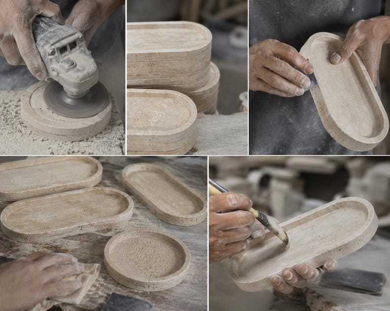May include: A collection of beige, oval-shaped stone trays with a porous, natural texture. The images show the crafting process, including grinding, sanding, and brushing the stone surfaces to create smooth, shallow, functional decorative trays.