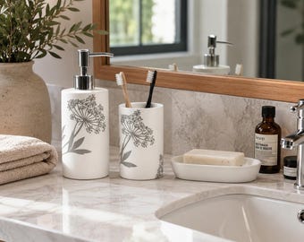 Botanical Ceramic Bathroom Set, Light Grey Floral Soap Dispenser, Tumbler, Dish