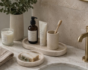 Vassoio da bagno in travertino naturale, organizer minimalista in pietra per il bagno, decorazione di lusso