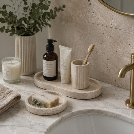 Natural Travertine Vanity Tray, Minimalist Stone Bathroom Organizer, Luxury Decor
