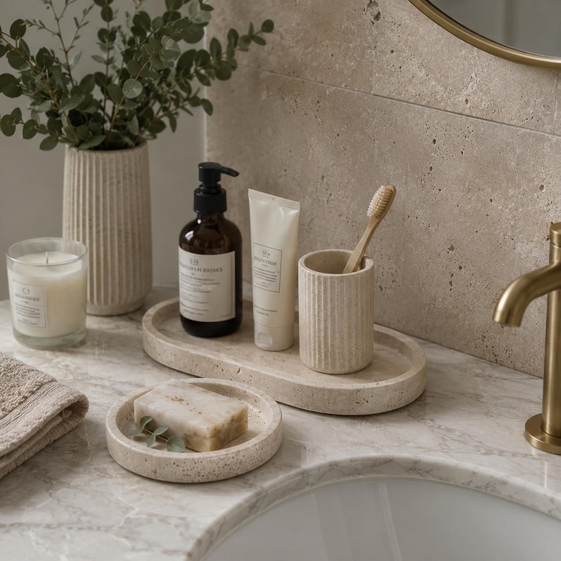 Natural Travertine Vanity Tray, Stone Bathroom Organizer, Perfume Display Tray, Luxury Countertop Decor, Jewelry Dish, Minimalist Home Accent
