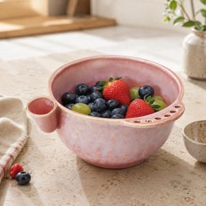 Op de afbeelding: Een ronde, roze keramische bessenkom met een glanzende, gevlekte afwerking. De kom heeft een kleine, uitstekende zijhandgreep en een platte, verbrede rand met een reeks kleine afwateringsgaatjes. De kom is gevuld met verse bosbessen, aardbeien en groene druiven.